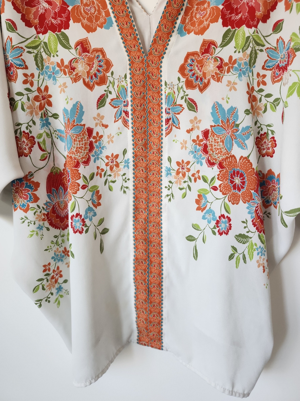 Rose & Olive White Floral Kimono Top with Orange Trim and Multicolor Blooms - Picture 6 of 8